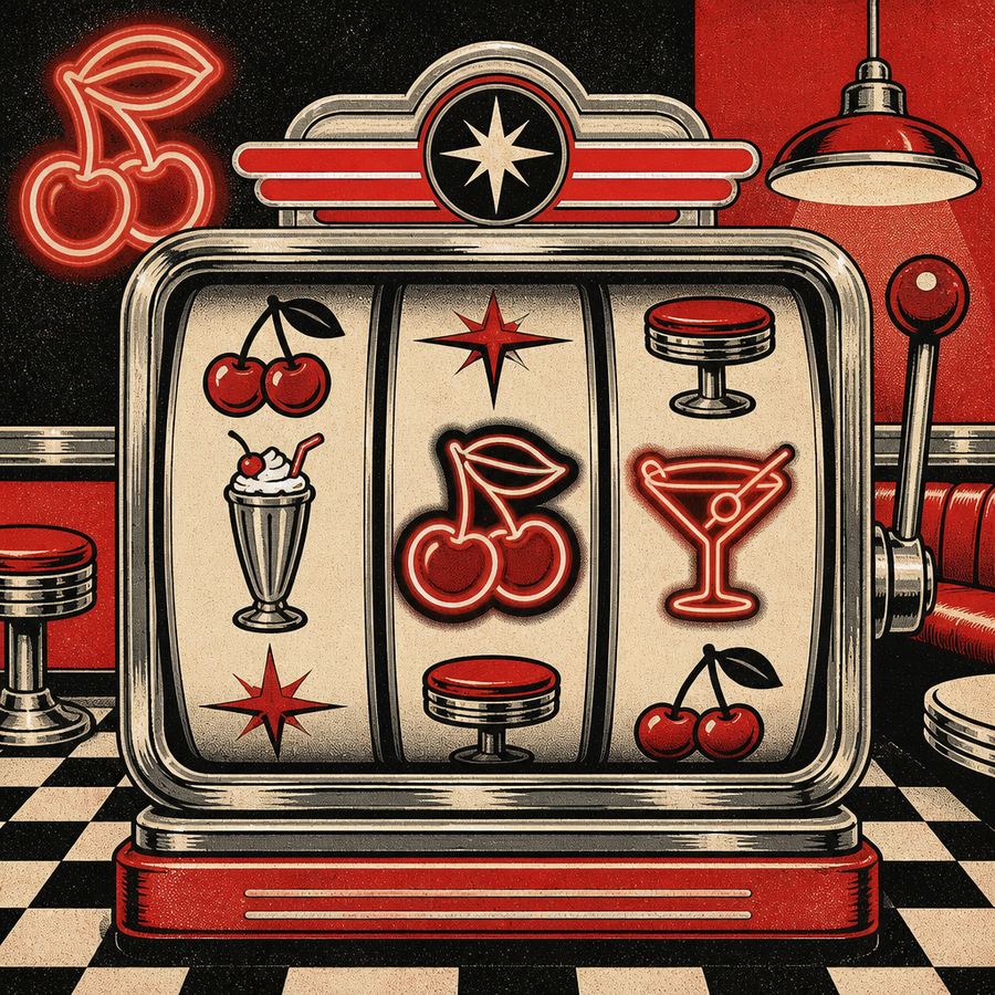 Chrome Cherry Reels — Retro Diner vintage poster art