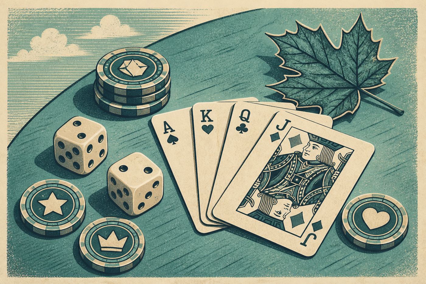 Still life of cards, dice and virtual tokens in vintage print colours